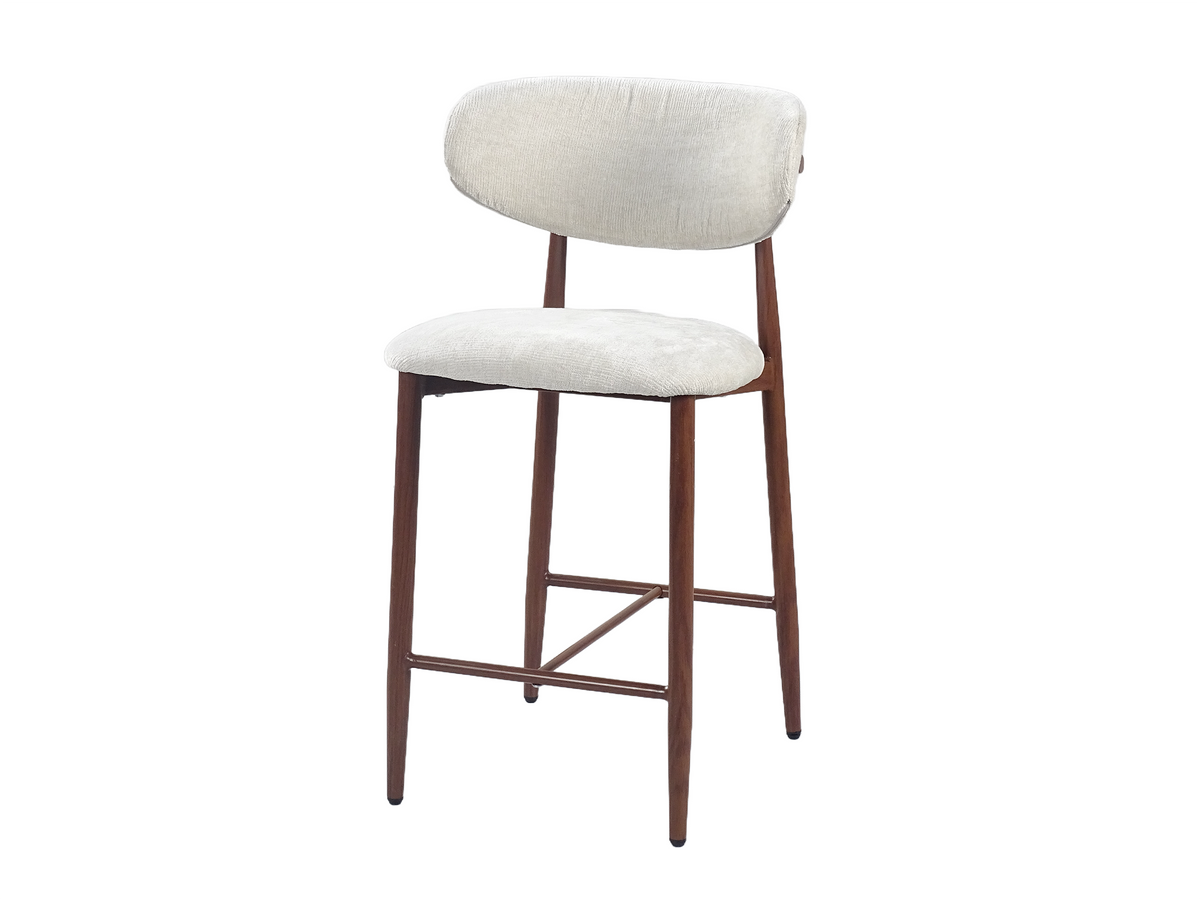 Upholstered bar stool angled view showing the wood-grain steel frame and footrest with ivory white upholstery, BC-157-750