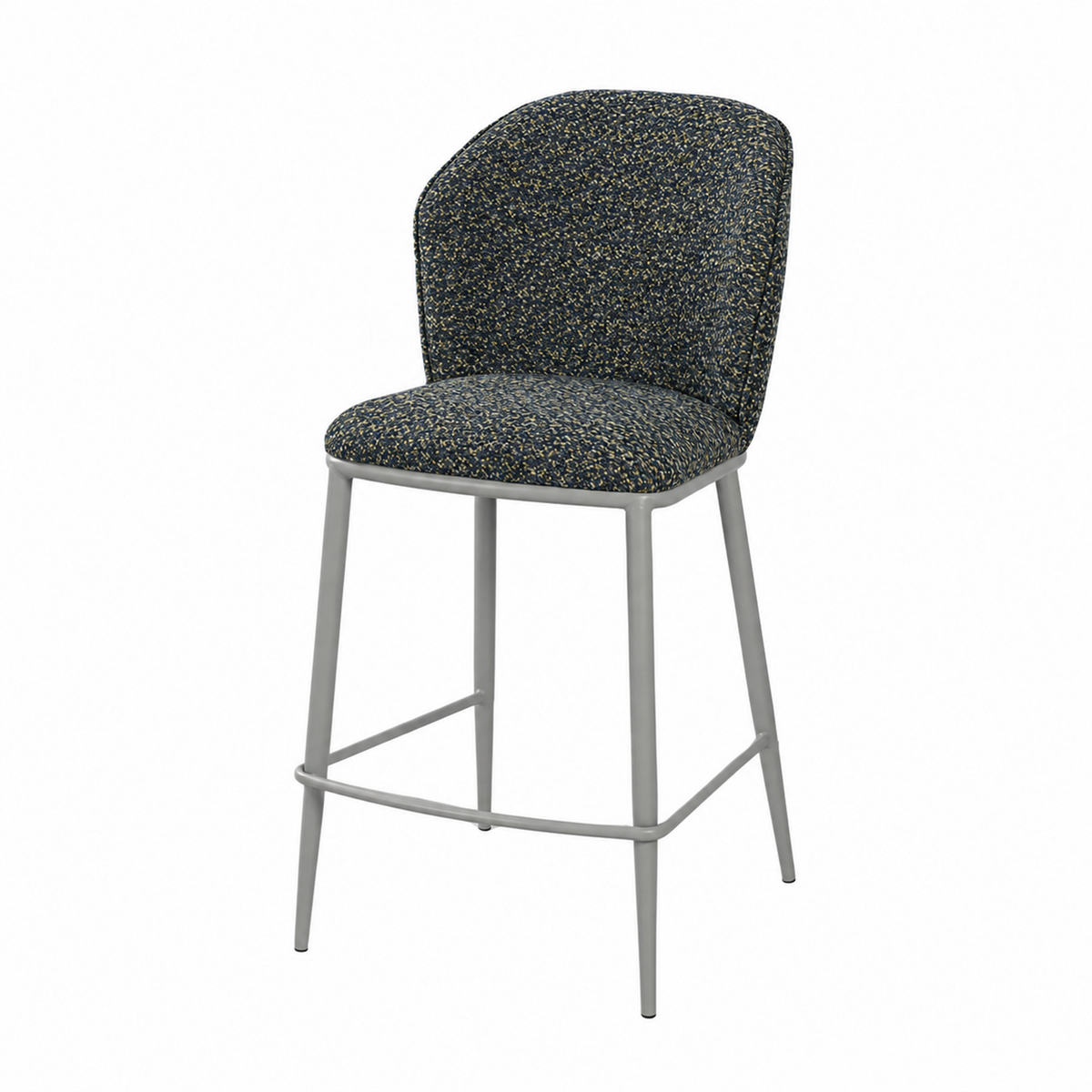 Upholstered bar stool in Blue woven fabric showing Ø28–Ø16 mm tapered tubular legs and curved footrest, BC-175-750