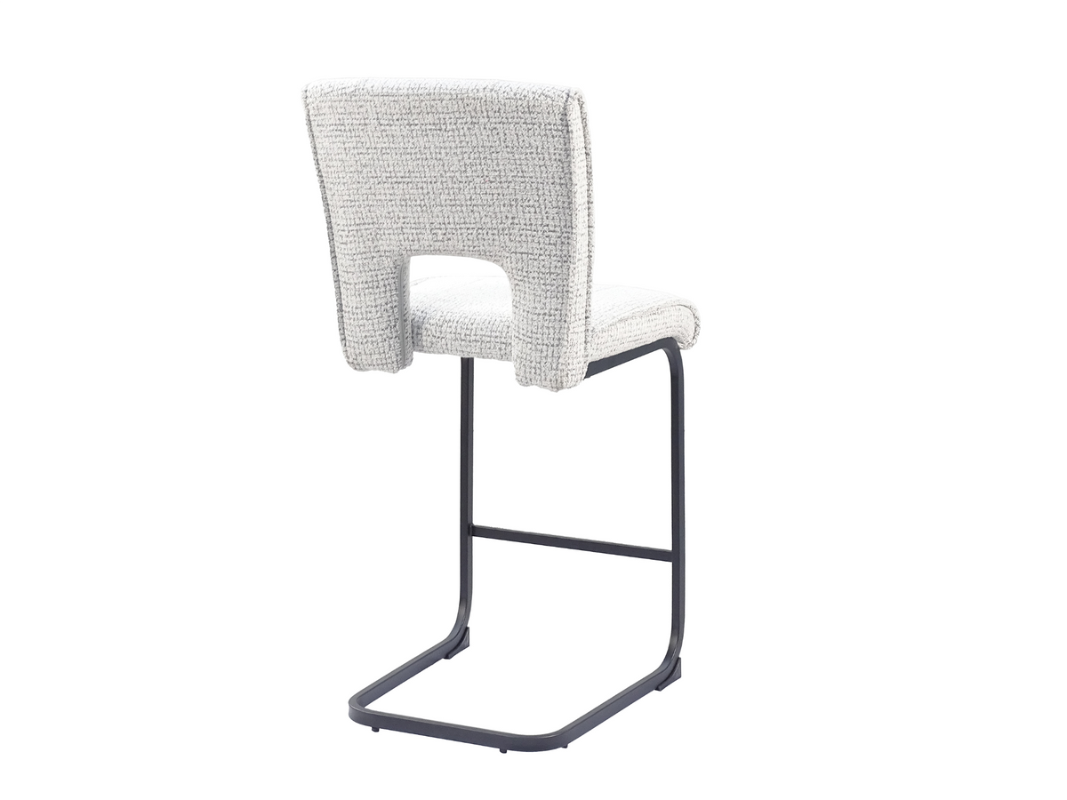 Upholstered bar stool in chalk white woven fabric with open rear backrest and black cantilever frame, BC-93-750