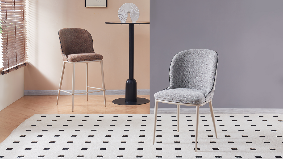 Upholstered bar stool in Coffee Brown shown alongside a grey dining chair in a coordinated seating comparison, BC-176-750