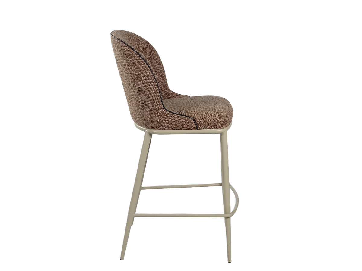 Upholstered bar stool side view showing Coffee Brown back profile with black PU edge piping, BC-176-750