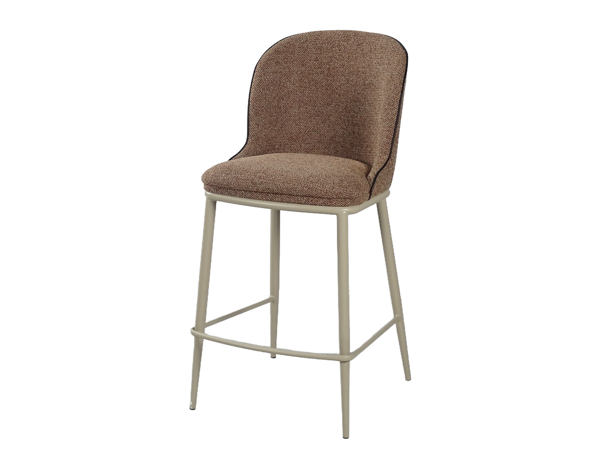 Upholstered bar stool three-quarter view in Coffee Brown showing tapered legs and footrest rails, BC-176-750