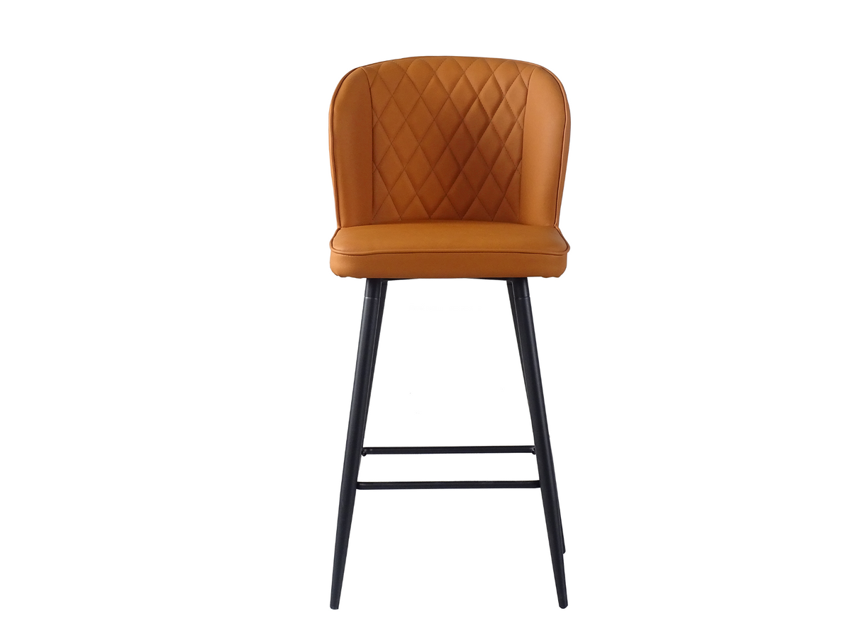 Upholstered bar stool in cognac, front view showing diamond stitching and seat proportions, GEYA Seating BC-53-750