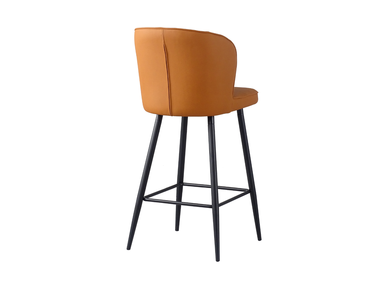 Upholstered bar stool in cognac, rear view showing plain outer back and vertical tailored seam, BC-53-750