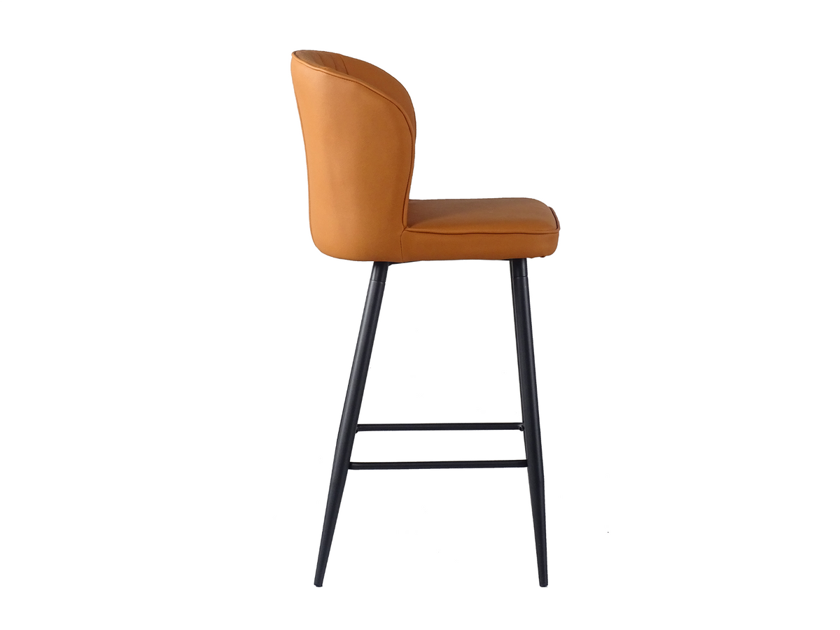 Upholstered bar stool in cognac, side view showing backrest curvature and tapered legs, BC-53-750