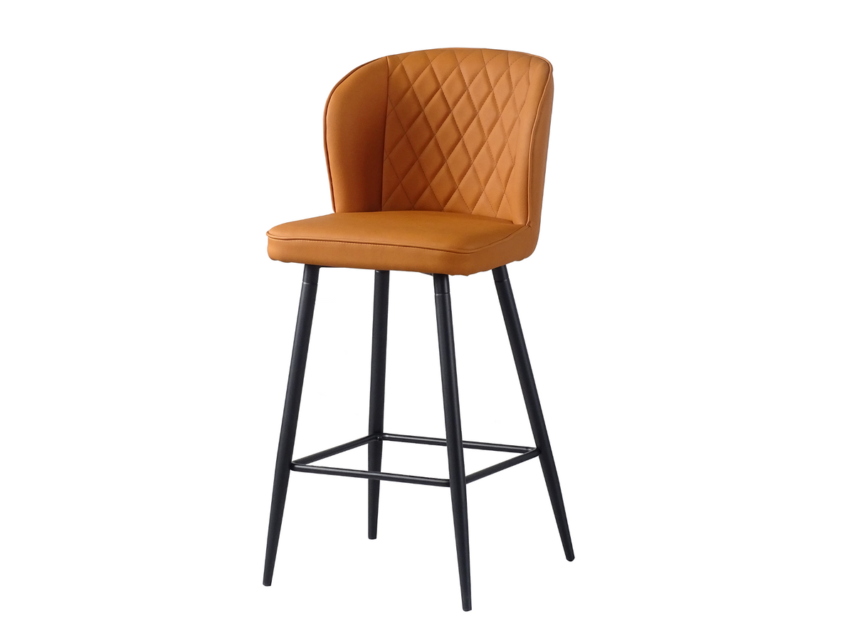 Upholstered bar stool in cognac, three-quarter view of padded seat and four-sided steel footrest, BC-53-750