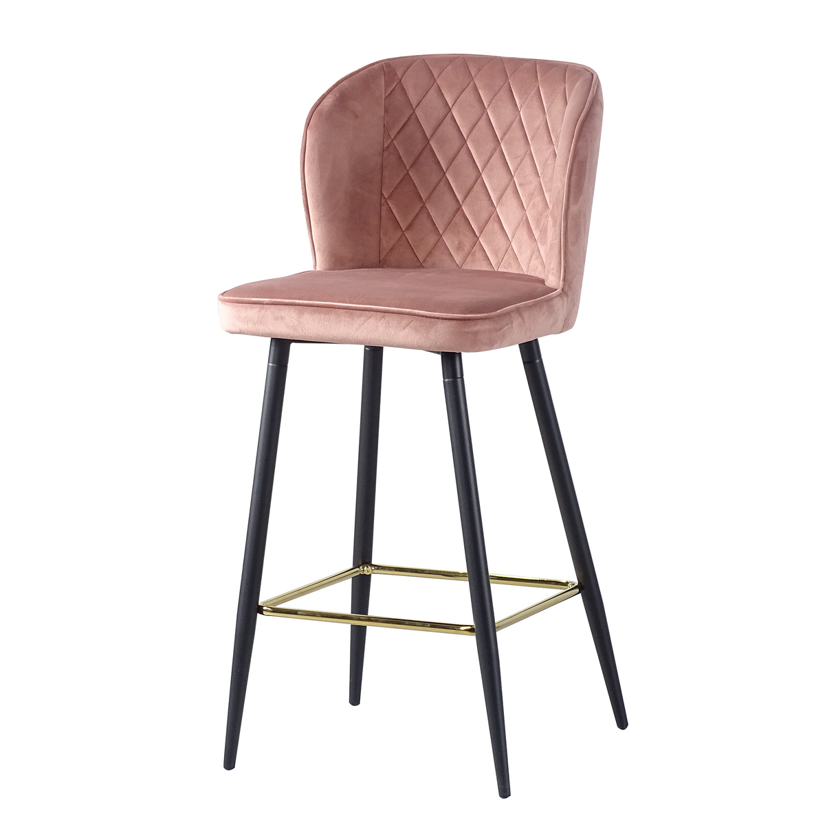 Upholstered bar stool in dusty rose velvet with contrasting gold-tone rectangular footrest, BC-53-750
