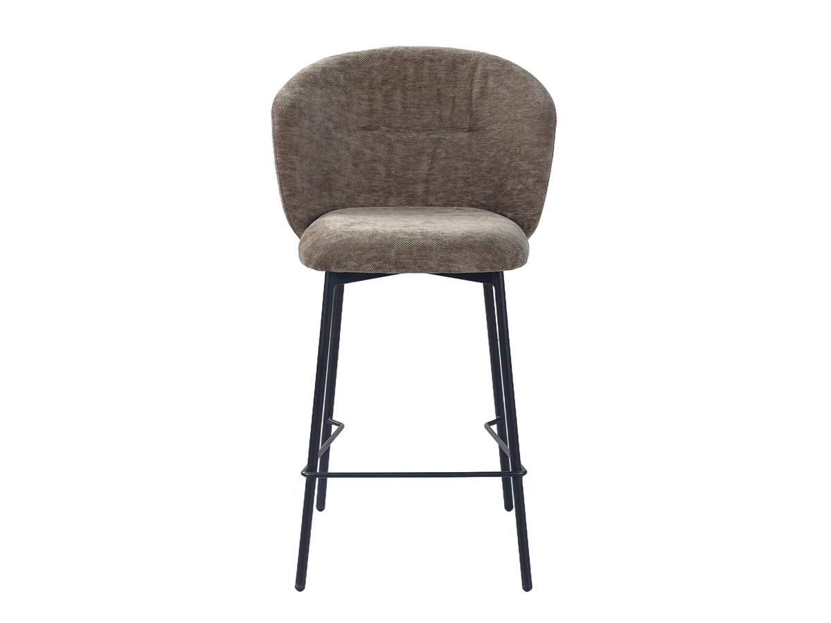 Upholstered bar stool front view in warm grey showing the vertical surface folds inside its broad backrest, GEYA Seating BC-153-750