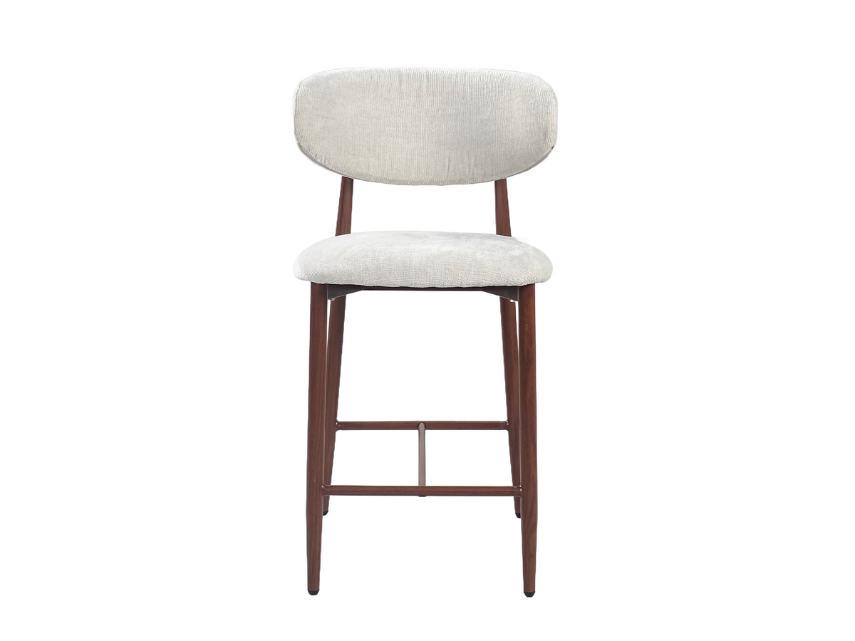 Upholstered bar stool front view showing the wide rounded backrest and separate seat in ivory white, GEYA Seating BC-157-750