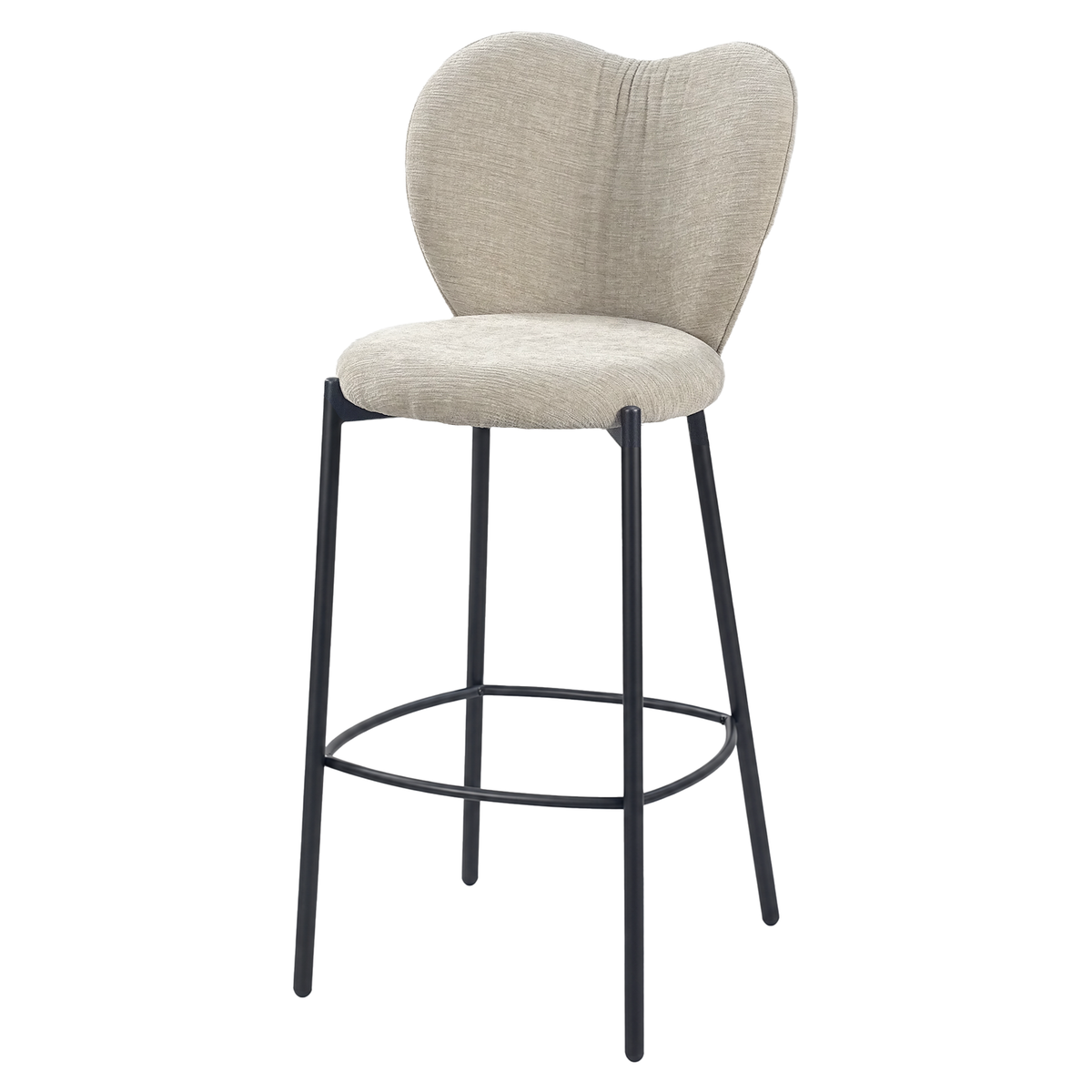 Upholstered bar stool in light greige with a rounded seat and circular footrest on a black round-tube frame, BC-152

