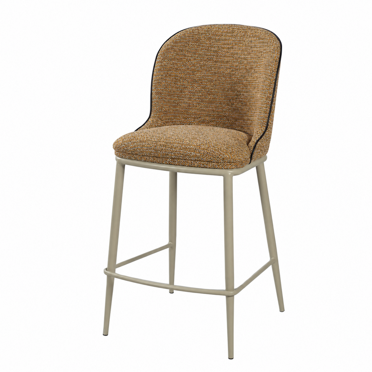 Upholstered bar stool in Mustard mélange fabric with a padded cushion and integrated steel footrest, BC-176-750