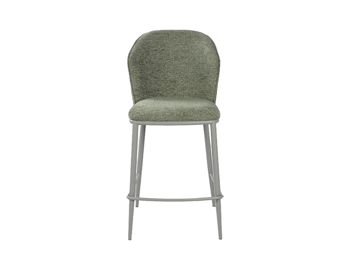 Upholstered bar stool front view showing Olive Green shell-shaped backrest and matching edge piping, GEYA Seating BC-175-750
