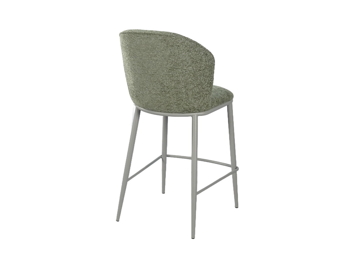 Upholstered bar stool rear view in Olive Green displaying seamless outer back upholstery and perimeter frame, BC-175-750