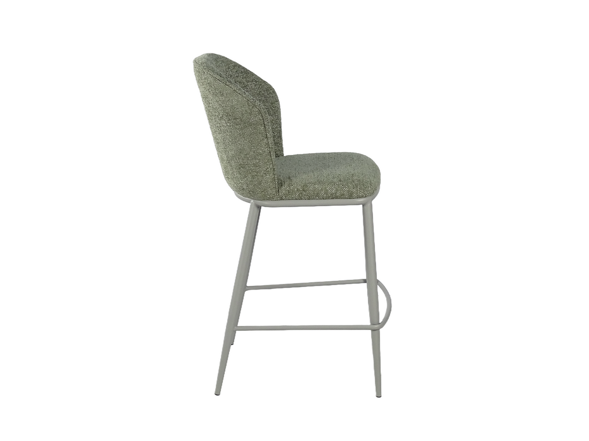 Upholstered bar stool side view in Olive Green revealing back incline and 750 mm bar-height steel frame, BC-175-750
