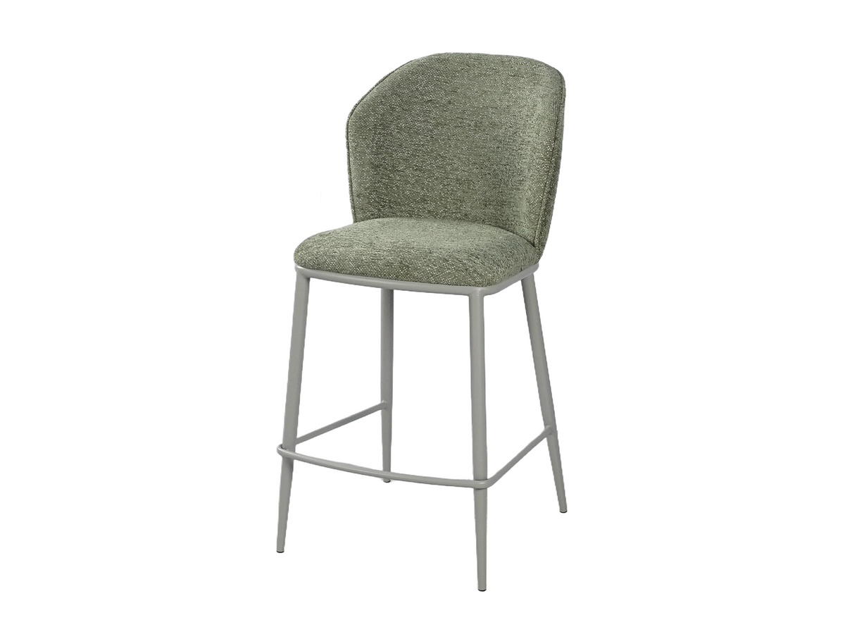 Upholstered bar stool three-quarter view in Olive Green showing tapered steel legs and side stretcher rails, BC-175-750