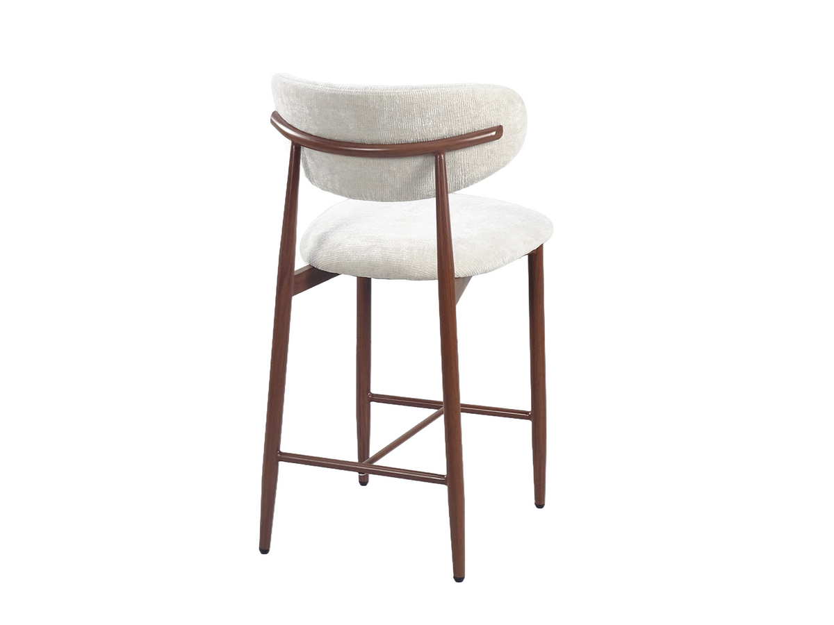 Upholstered bar stool rear view showing the exposed steel back rail below the ivory white backrest, BC-157-750