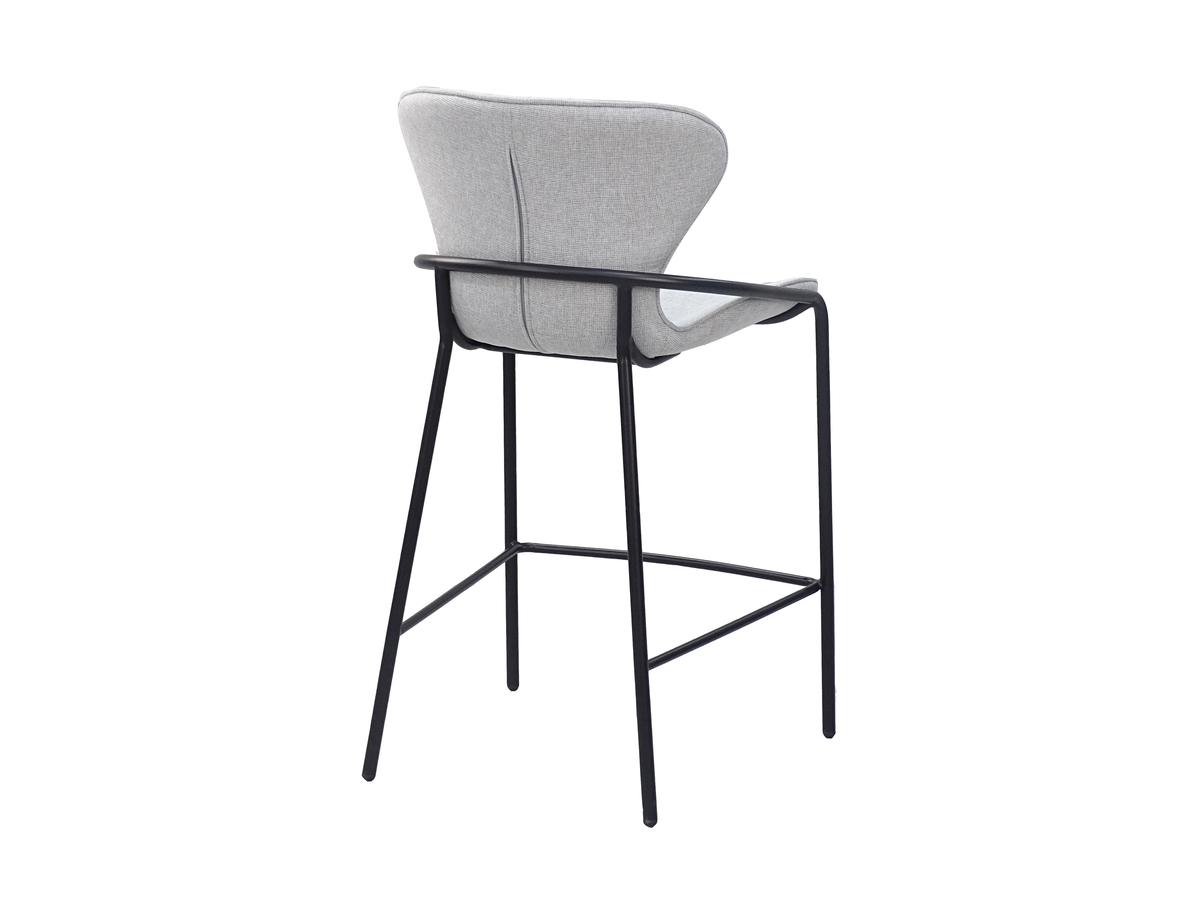 Upholstered bar stool rear view highlighting wraparound tubular steel waist rail and tailored seam, BC-85-750