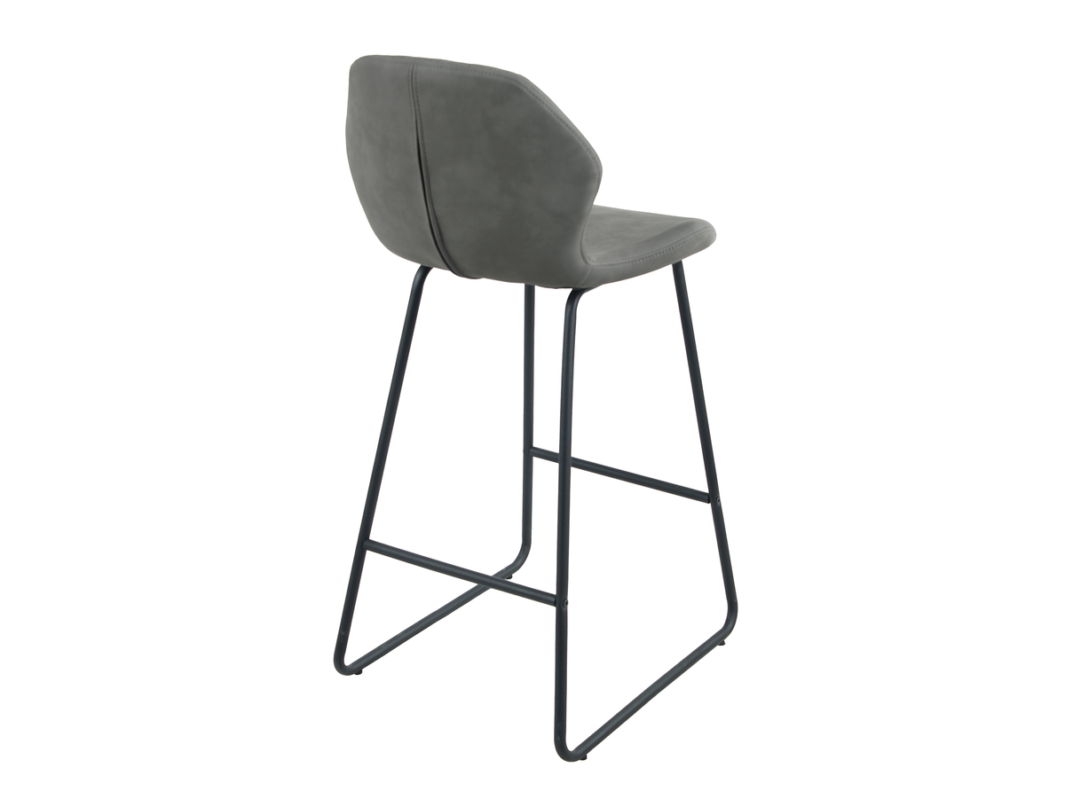 Upholstered bar stool in Graphite Grey showing rear vertical spine seam and sandy black frame BC-05-750