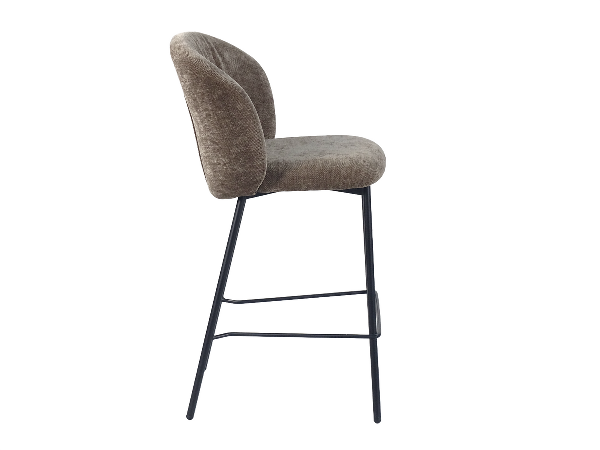 Upholstered bar stool side view showing the back curving toward a separate seat above the four-leg base, BC-153-750