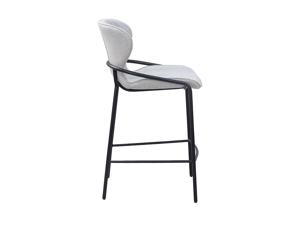 Upholstered bar stool side profile showing flared backrest curve and tubular steel legs, BC-85-750