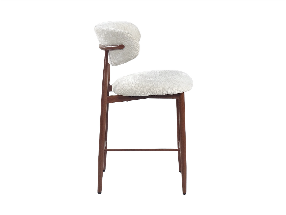 Upholstered bar stool side profile showing the open gap between backrest and seat in ivory white, BC-157-750
