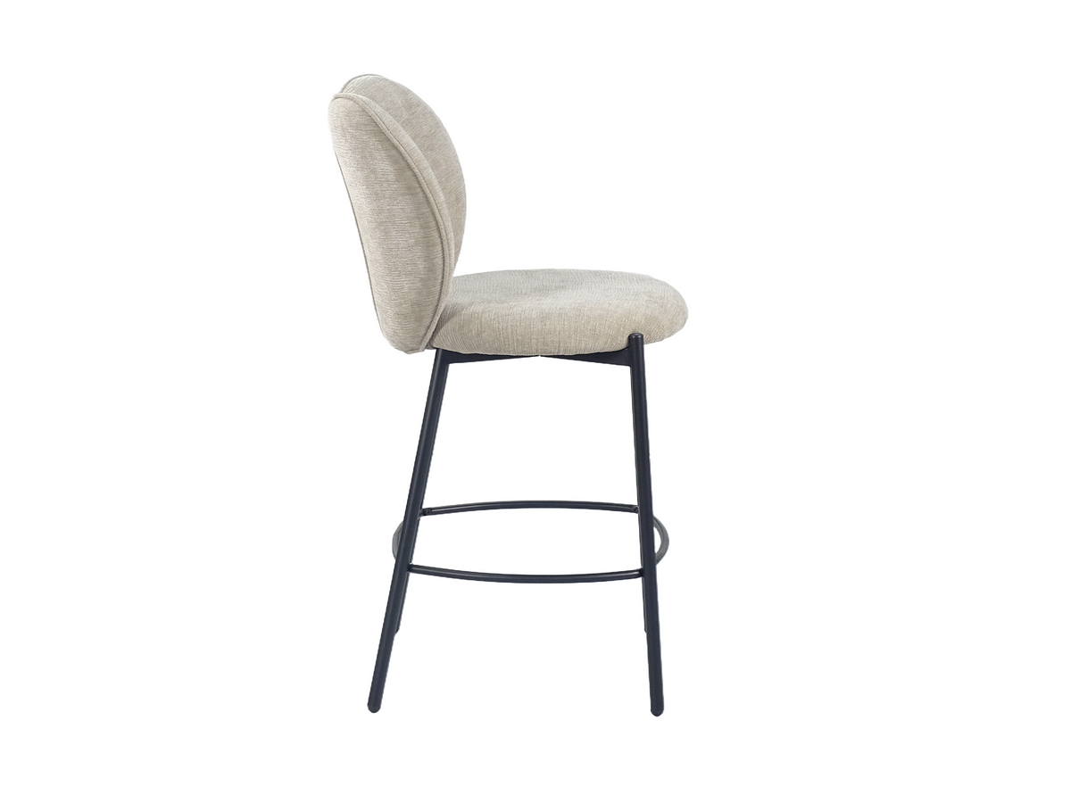 Upholstered bar stool side view showing the rounded seat profile above a black four-leg frame, BC-152