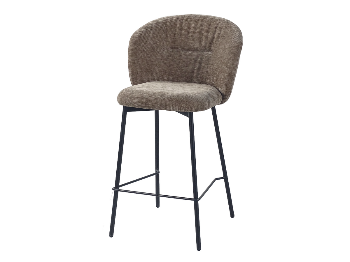 Upholstered bar stool three-quarter view showing the upper chair in relation to the open black frame and front footrest, BC-153-750