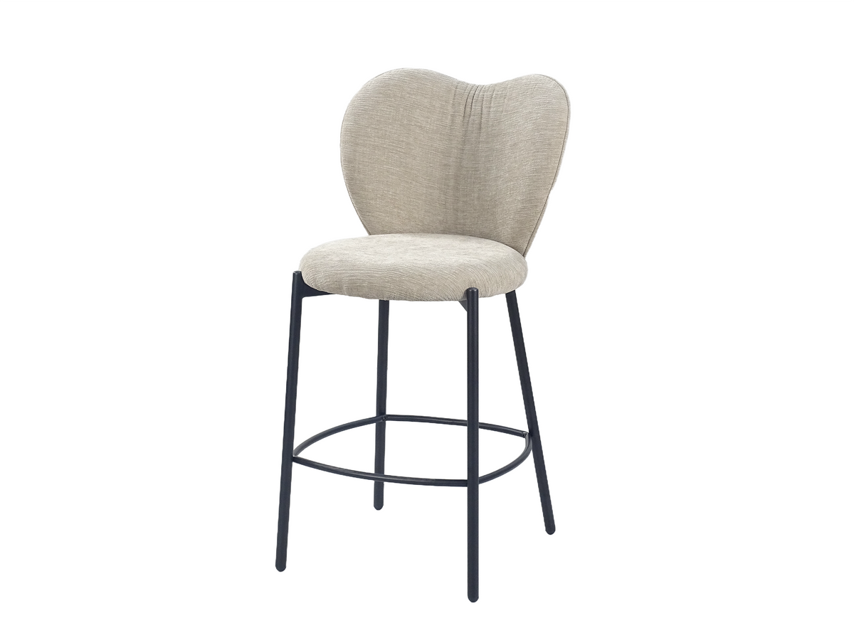 Upholstered bar stool three-quarter view showing the circular footrest and open round-tube lower frame, BC-152