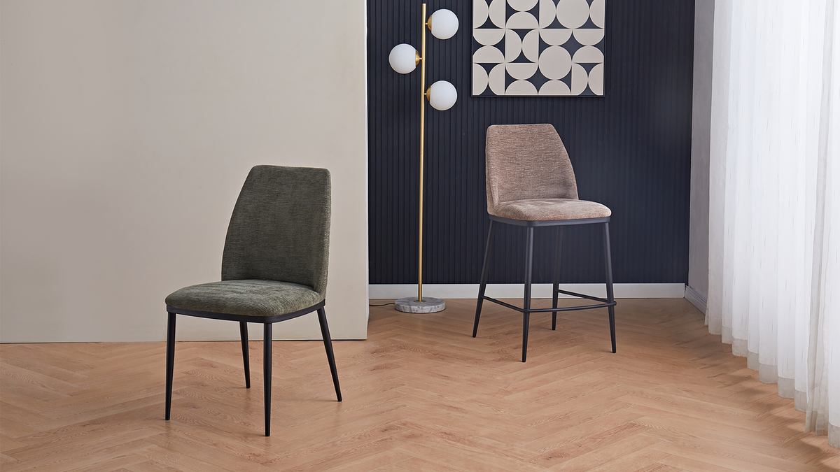 Upholstered bar stool in Warm Grey textured fabric paired with dining chair for project interiors BC-150-750