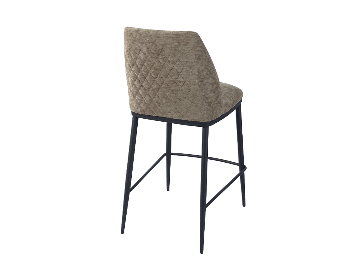 Upholstered bar stool in Warm Grey textured fabric featuring diamond-quilted rear backrest BC-150-750