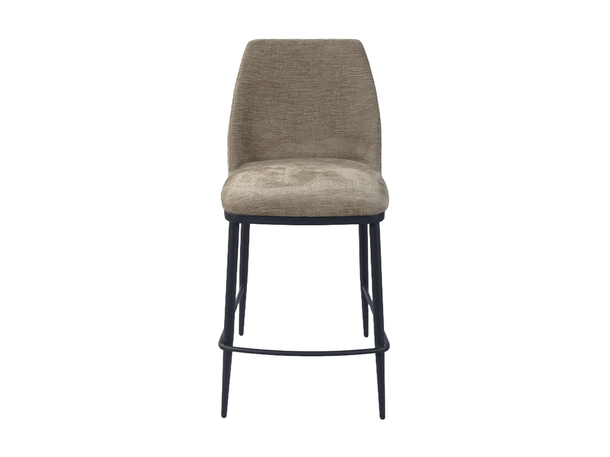 Upholstered bar stool in Warm Grey textured fabric showing smooth front seat shell, GEYA Seating BC-150-750