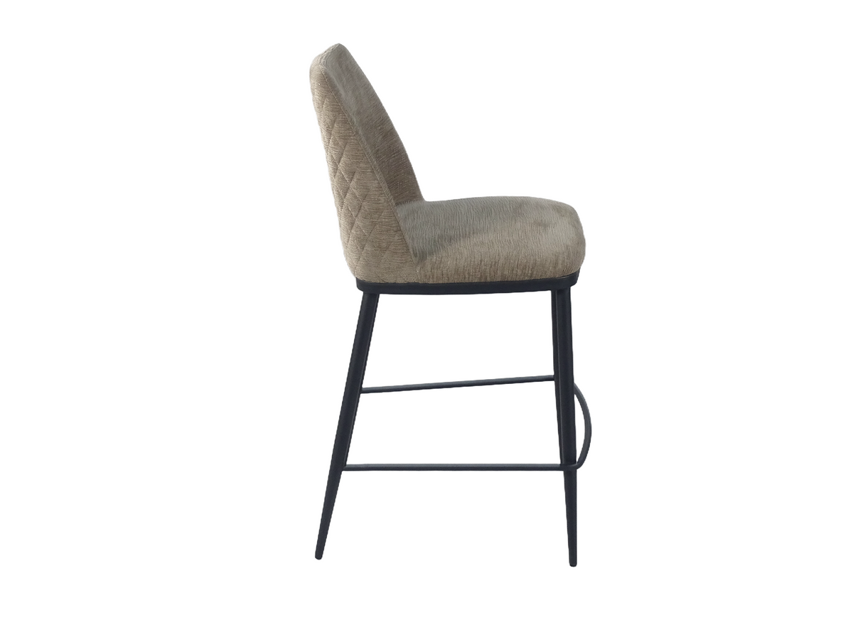 Upholstered bar stool in Warm Grey textured fabric showing 35mm slim backrest and side leg frame BC-150-750