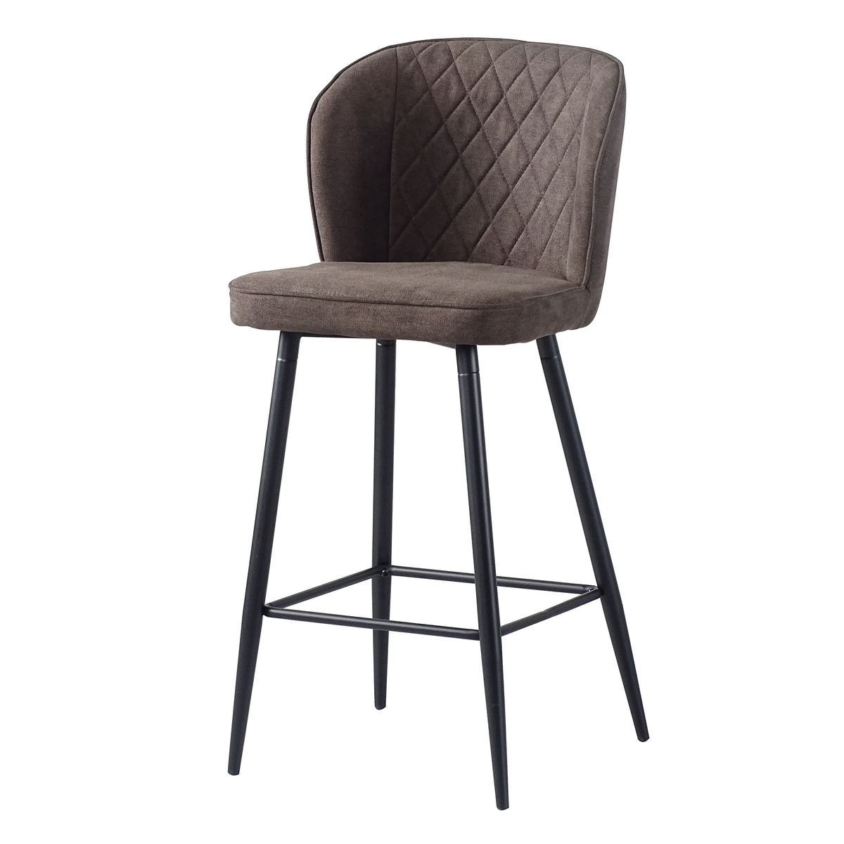 Upholstered bar stool in warm grey soft-textured fabric with curved side wings and quilted inner back, BC-53-750