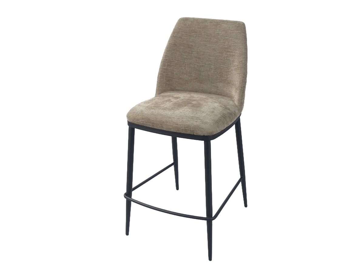 Upholstered bar stool in Warm Grey textured fabric showing tapered round-tube steel frame and seat BC-150-750