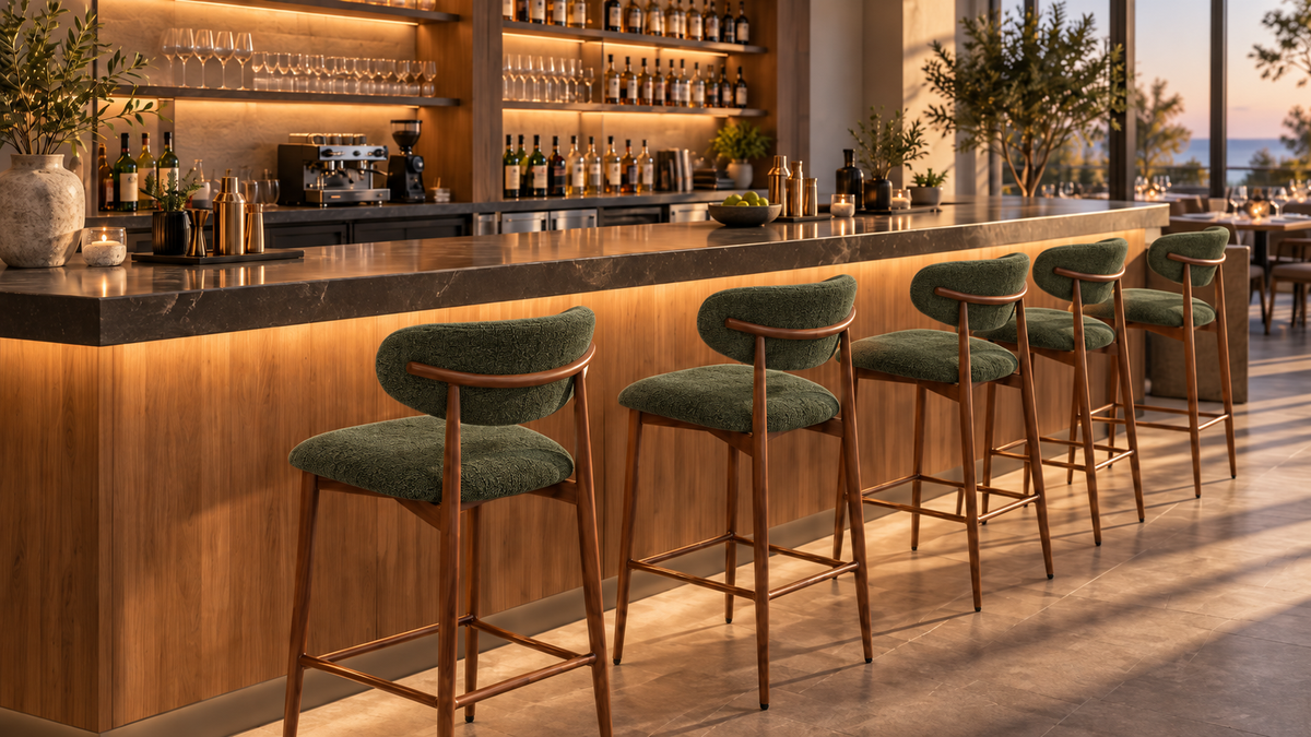 Upholstered bar stools in dark olive green lined along a restaurant bar, with wood-grain steel frames and footrest rails, BC-157-750