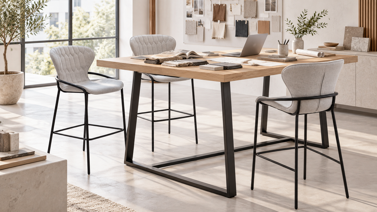 Upholstered bar stools around a design studio material table with samples and drawings, BC-85-750