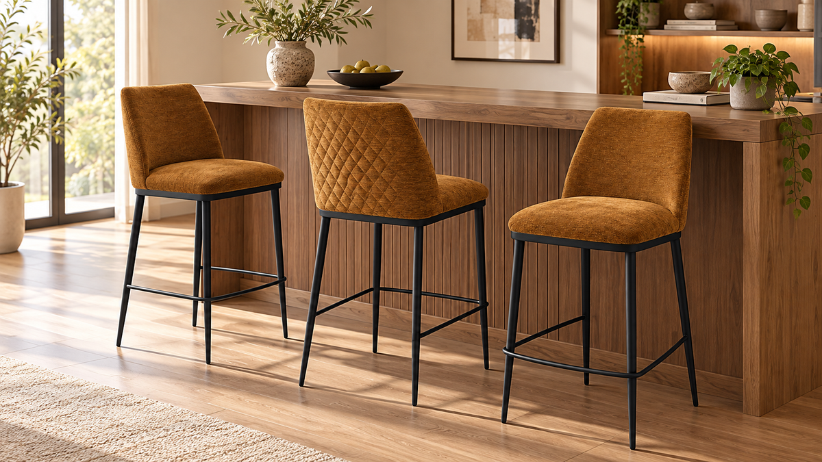 Upholstered bar stools in Ochre textured fabric arranged along a timber island counter BC-150-750