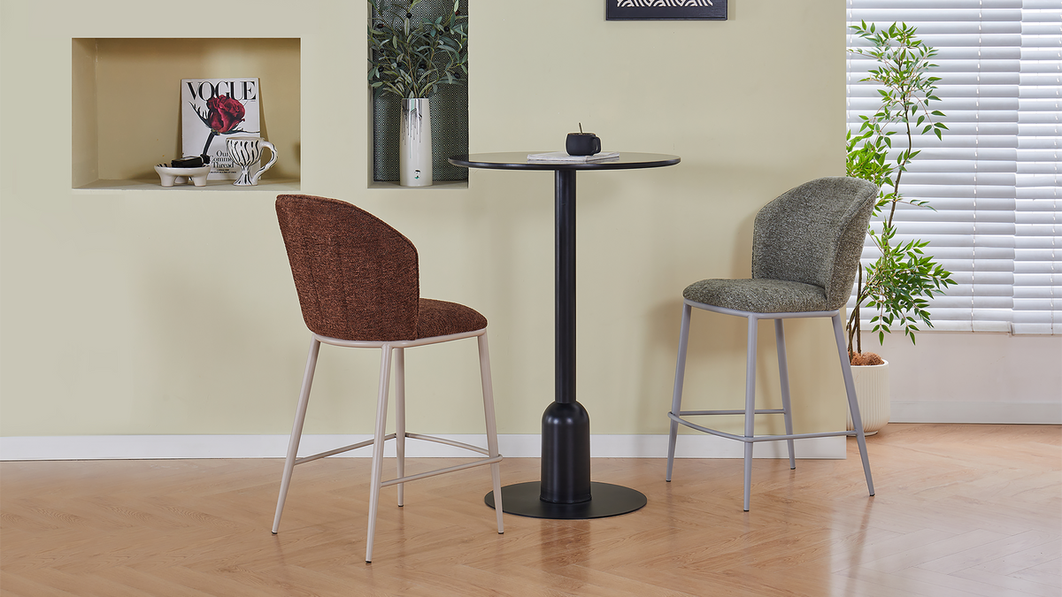 Two upholstered bar stools in Olive Green and Brown paired with black circular pedestal high table, BC-175-750