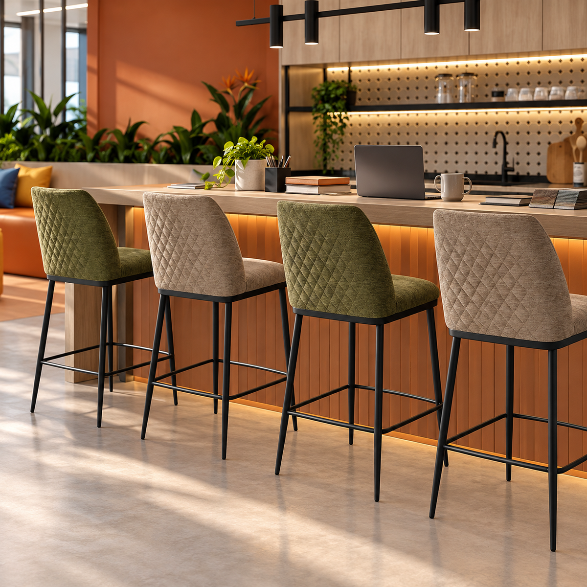 Upholstered bar stools in Olive Green and Warm Grey showing diamond-quilted backs at a commercial bar counter BC-150-750