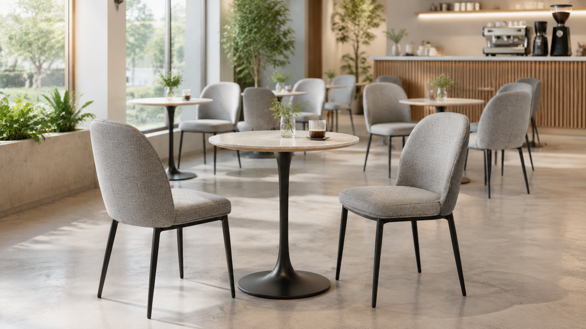 GEYA DC-3061 bouclé curved-back dining chairs in a modern café and bistro