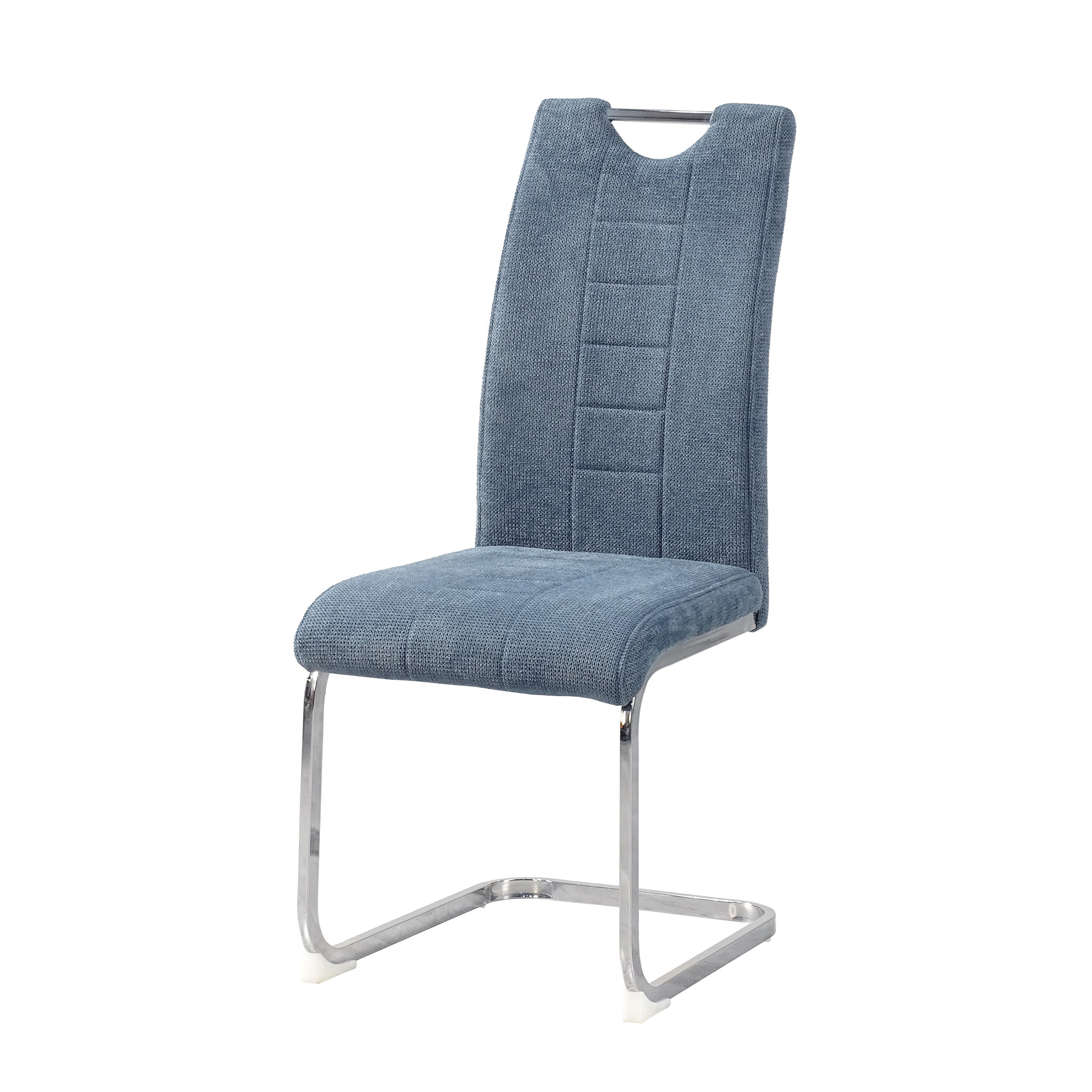 High-back upholstered cantilever chair in steel blue linen-look fabric with grab handle slot — DC-3028