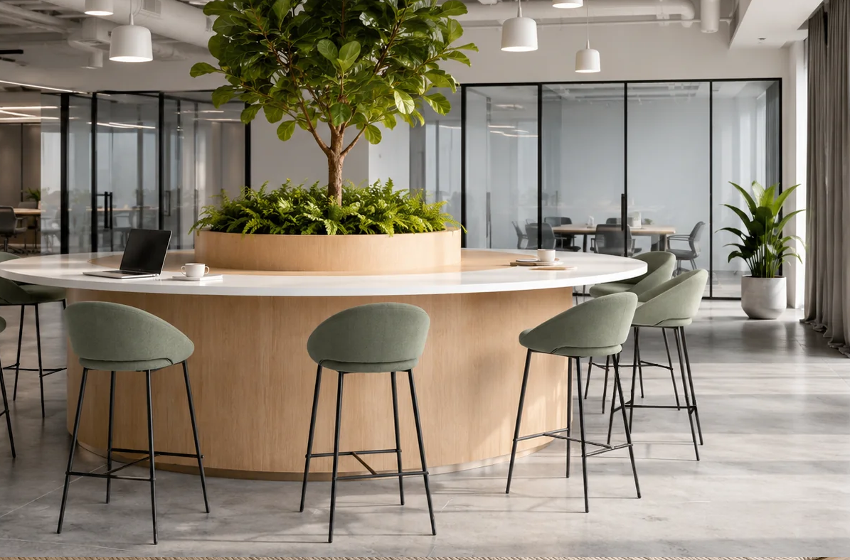 GEYA upholstered counter stools in a modern office café and breakout space