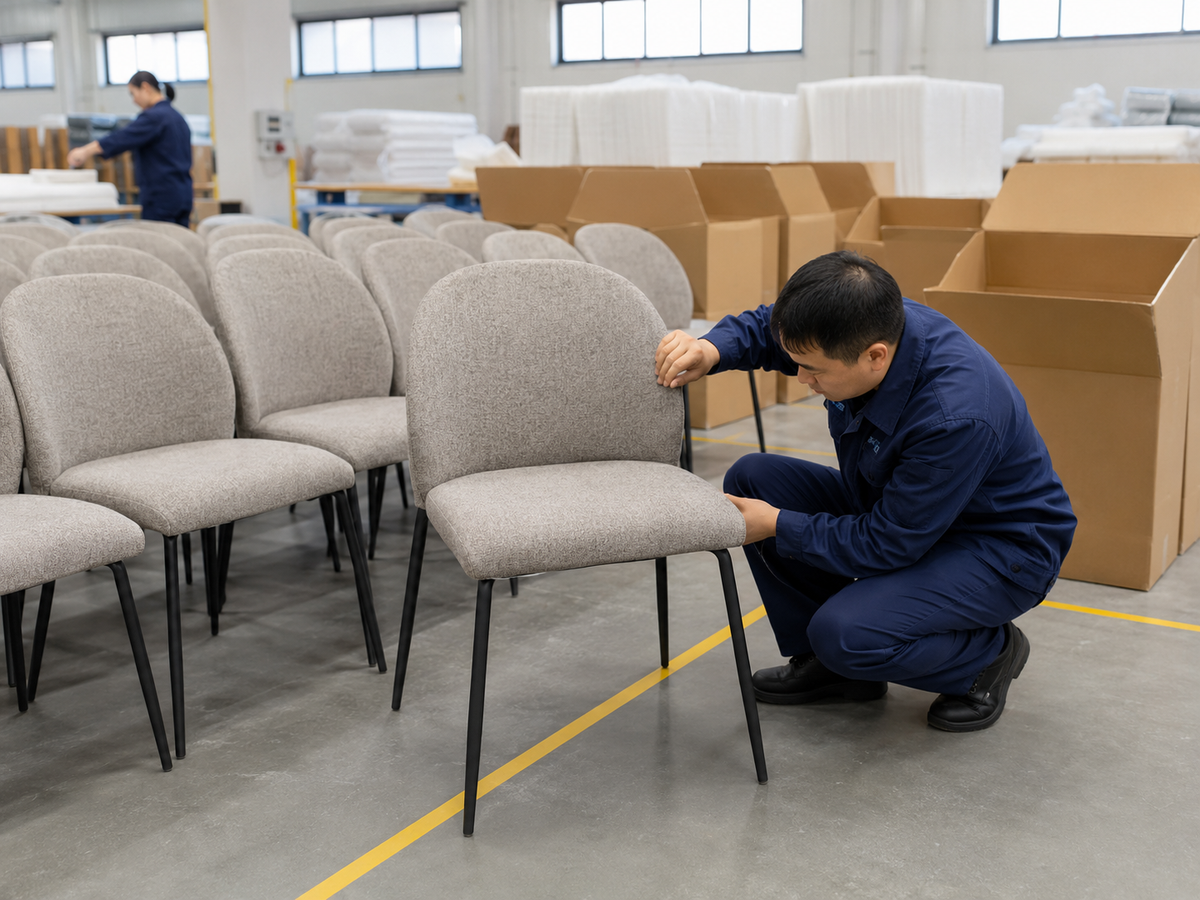 Quality inspection and export packing preparation for upholstered dining chairs at GEYA