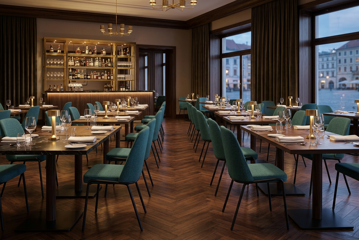 Upholstered dining chairs in green with black tubular frames arranged around bistro tables DC-3070