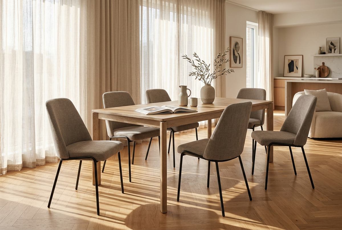 Upholstered dining chairs in greige around a light wood table in an open-plan dining and living space DC-3070