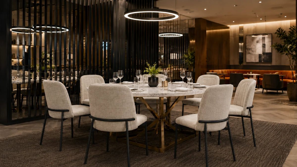 Upholstered dining chairs in a hotel private dining room