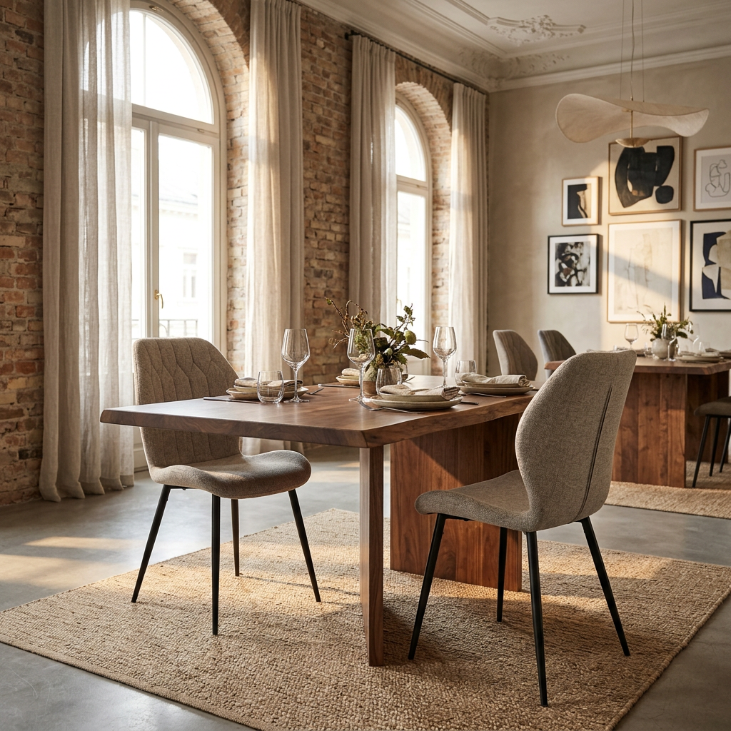Light grey geometric-stitched dining chairs around a wood table in a boutique restaurant setting, DC-3071