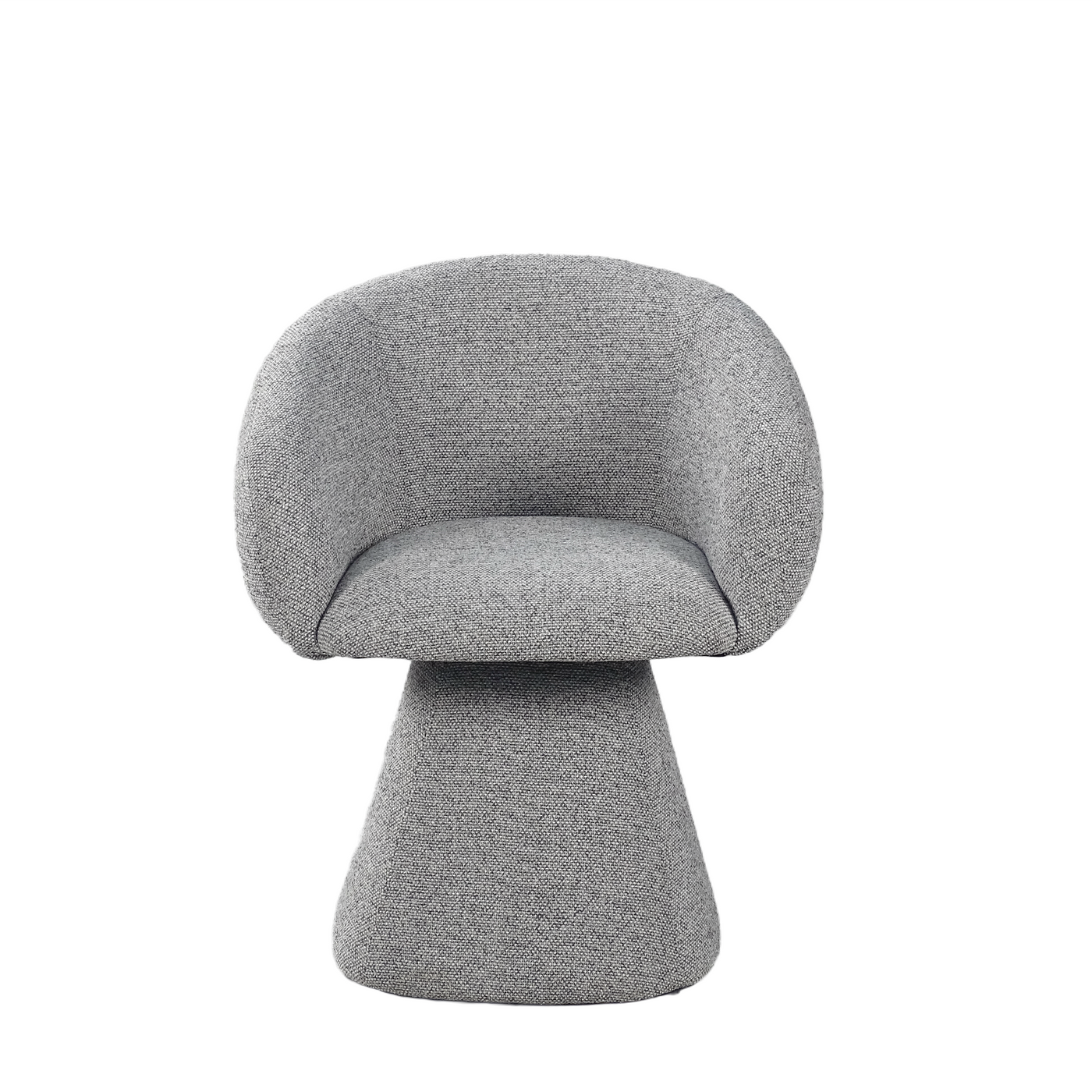 Mélange woven cone-base swivel lounge armchair front view showing wraparound shell, integrated open arms and fully upholstered pedestal base — GEYA Seating DC-5078.