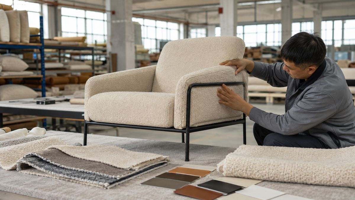 Upholstery and metal frame assembly for commercial lounge chair manufacturing