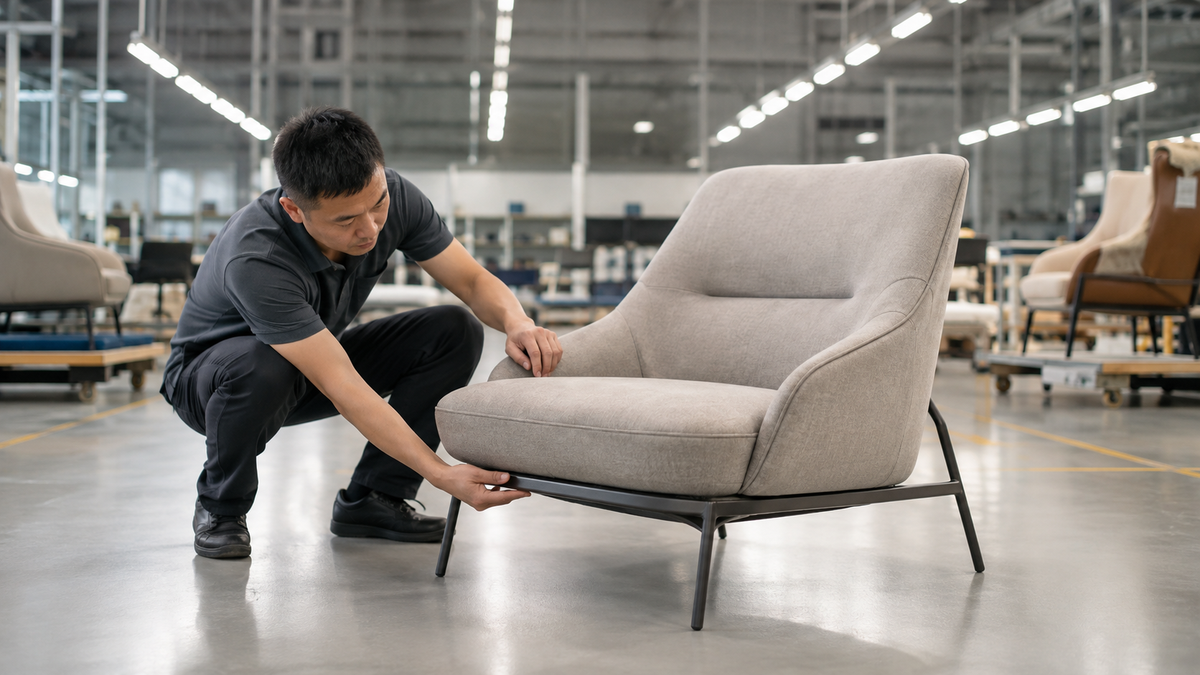 Quality inspection of upholstered lounge chairs before export packing